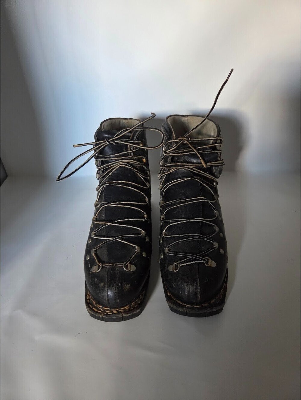 Vintage Black Leather Lace-Up Ski Boots With Vibram Soles Unmarked Size